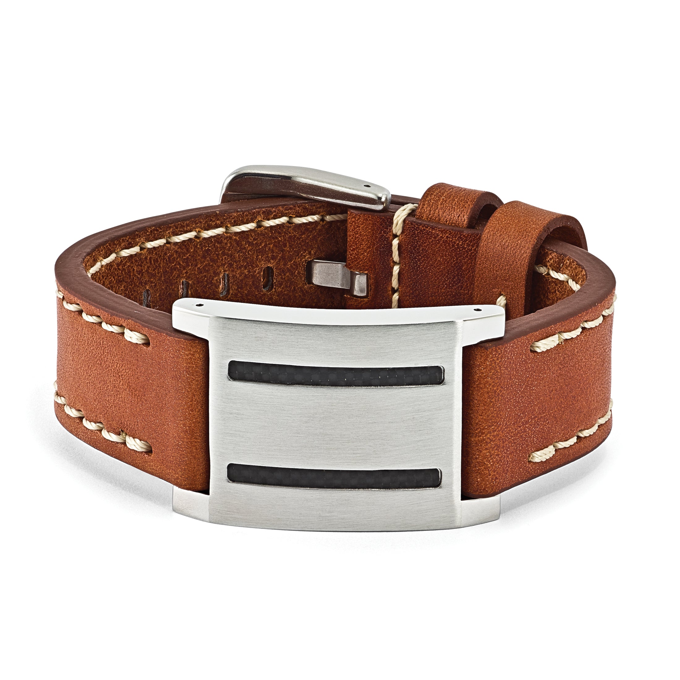 Stainless Steel Brown Leather with Carbon Fiber Inlay Buckle Bracelet for Men
