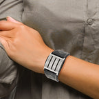 Stainless Steel Brushed Black Leather Adjustable Buckle Bracelet