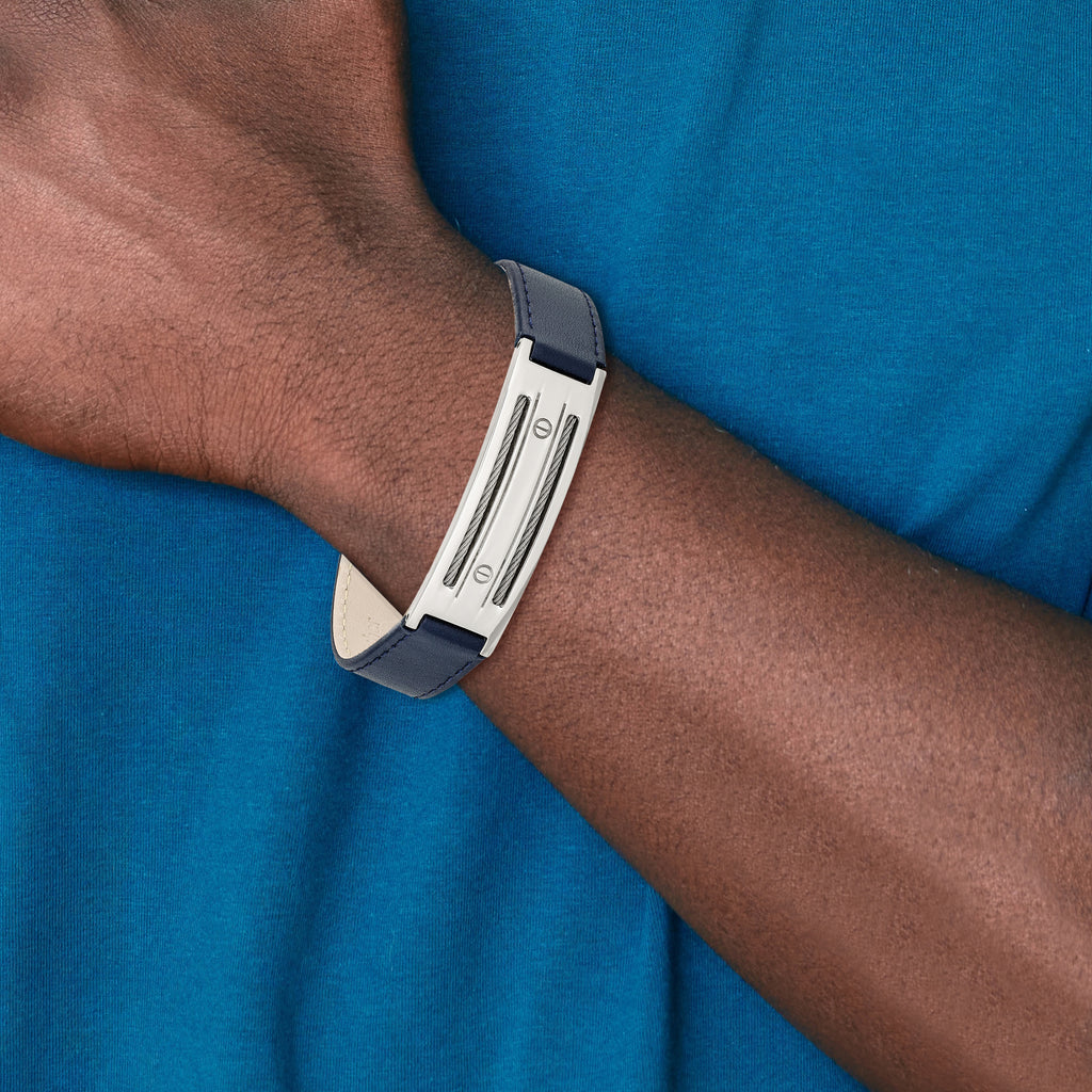 Stainless Steel Polished Blue Leather with Wire Adjustable Buckle Bracelet for Men