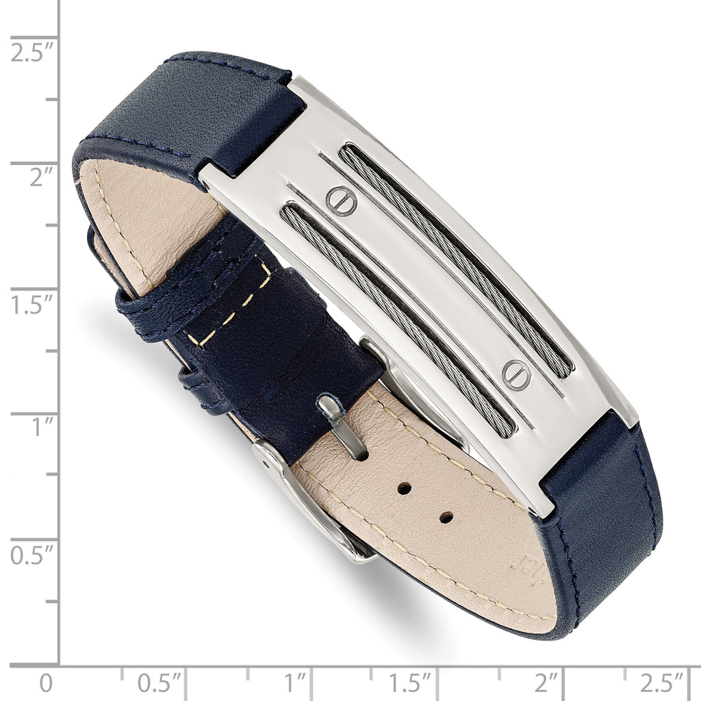 Stainless Steel Polished Blue Leather with Wire Adjustable Buckle Bracelet for Men