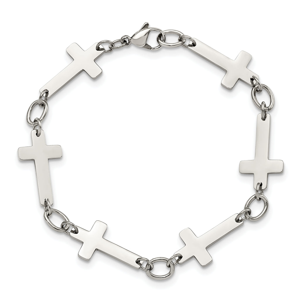 Stainless Steel Polished Sideways Cross Link Bracelet for Women