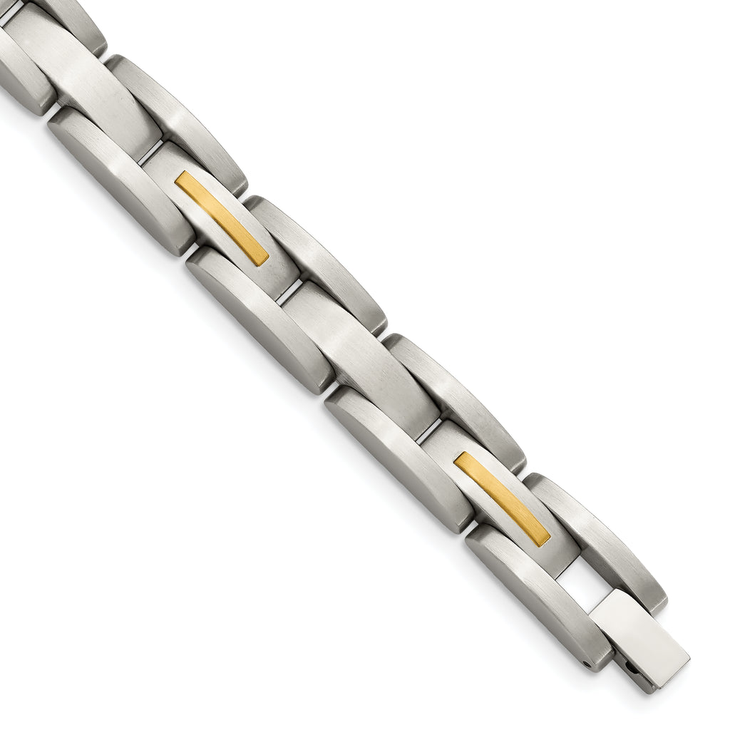 Stainless Steel with 14k Gold Accent Brushed Link Bracelet for Men