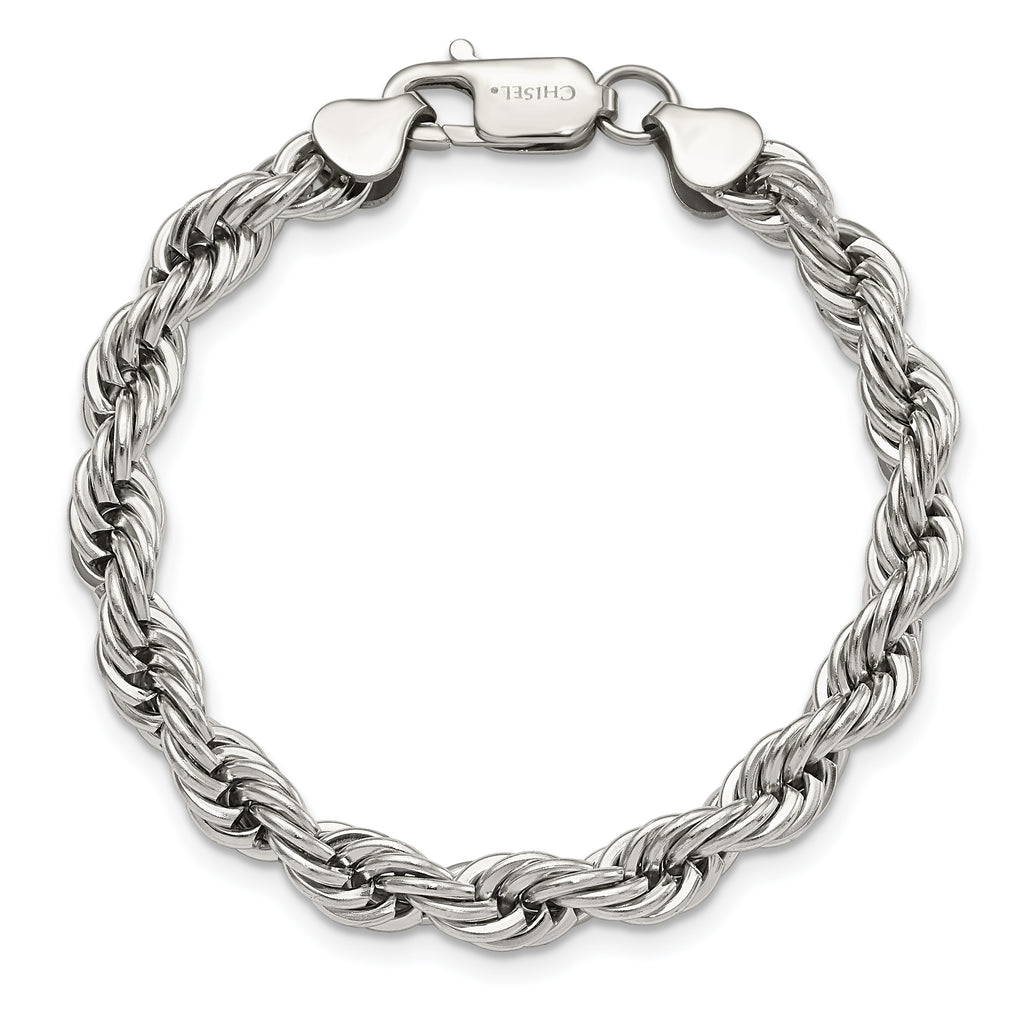 Chisel Stainless Steel Polished 7mm 8.5 inch Rope Bracelet