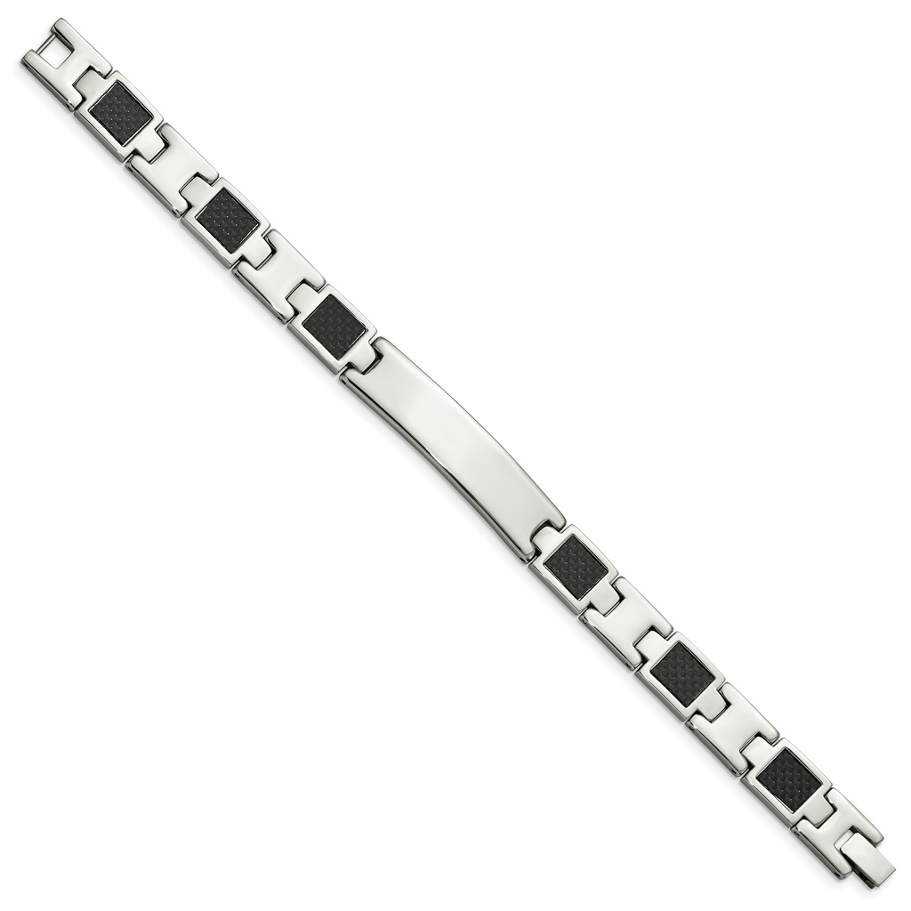 Stainless Steel Brushed and Polished Black Carbon Fiber Inlay ID Bracelet for Men