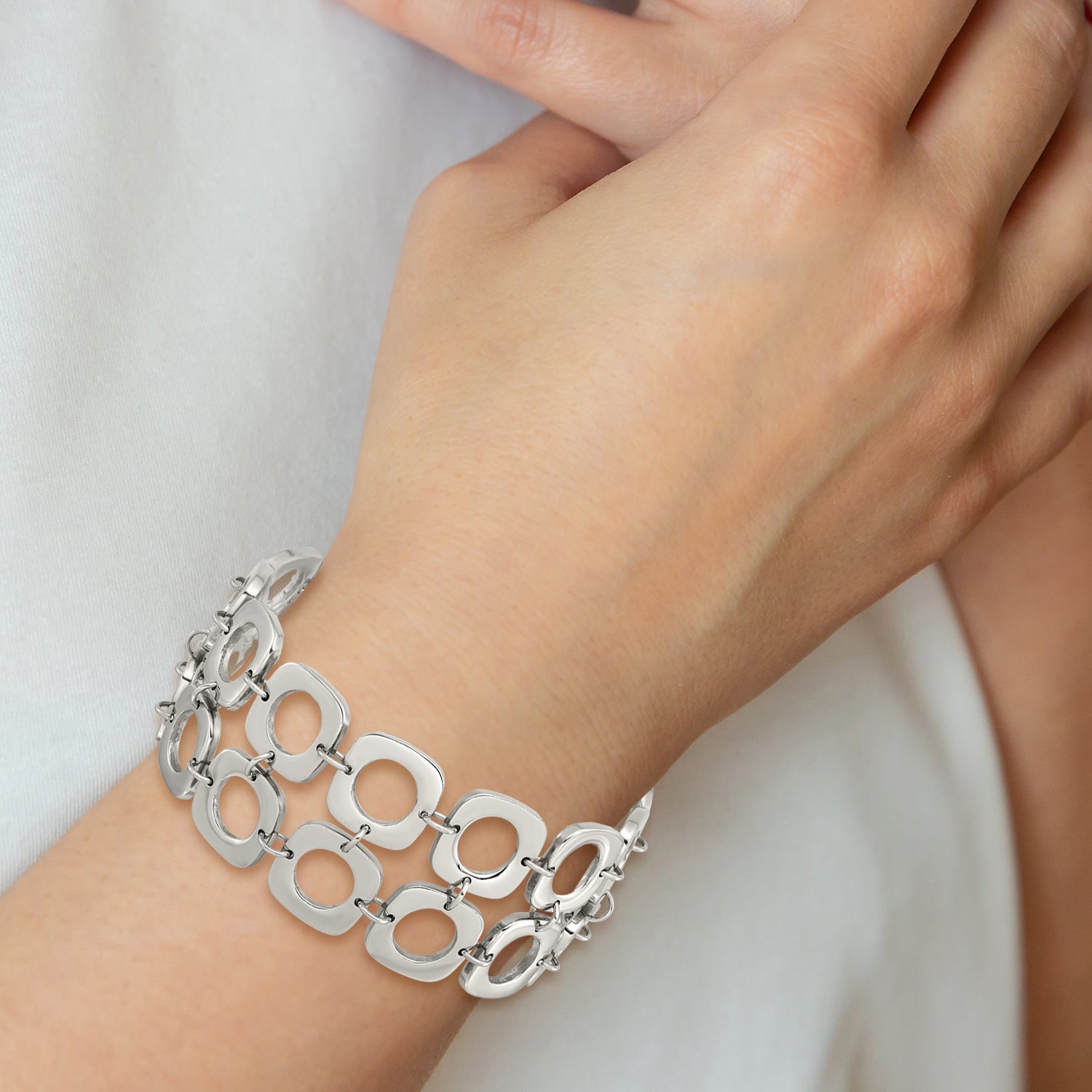 Stainless Steel Polished Double Row Square Toggle Bracelet for Women