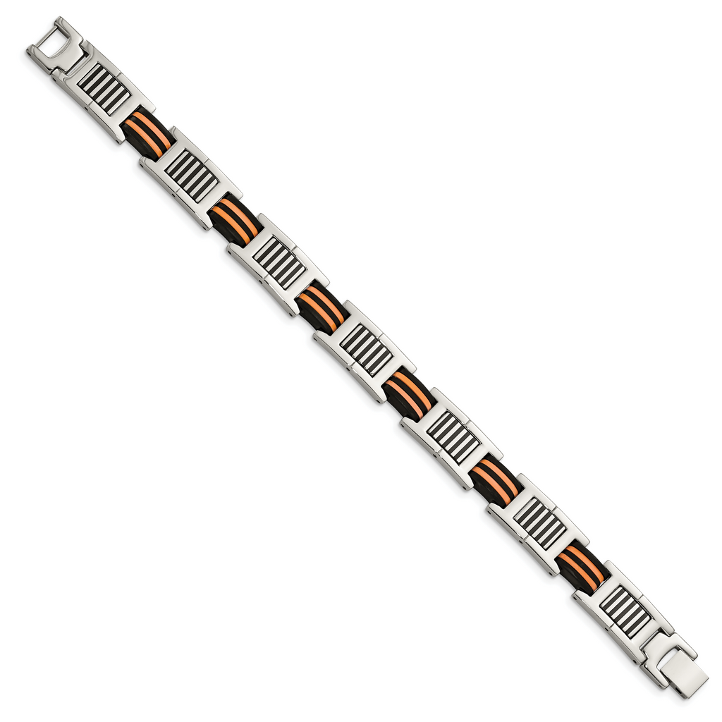 Stainless Steel Polished with Black and Orange Rubber Link Bracelet for Men