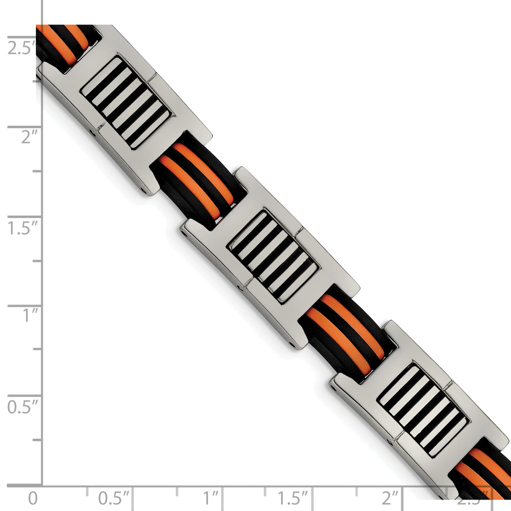Stainless Steel Polished with Black and Orange Rubber Link Bracelet for Men