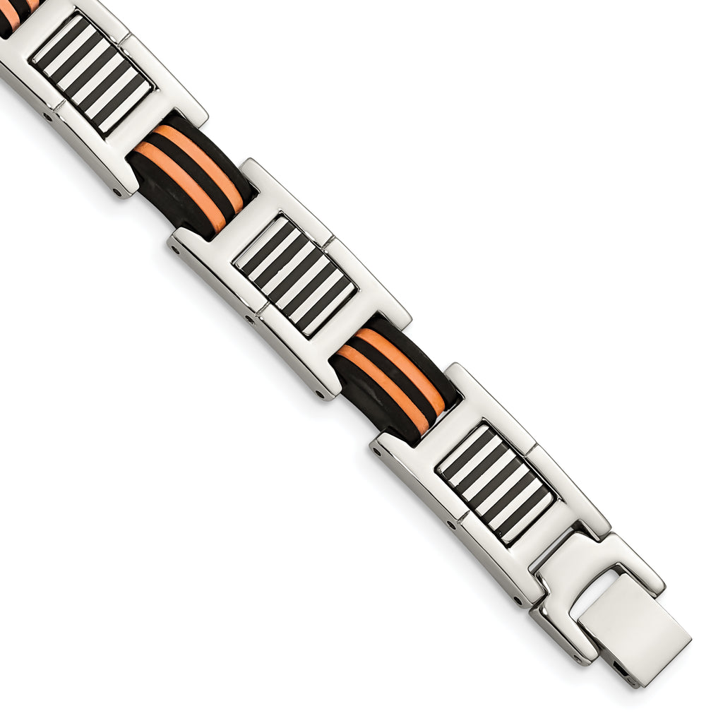 Stainless Steel Polished with Black and Orange Rubber Link Bracelet for Men