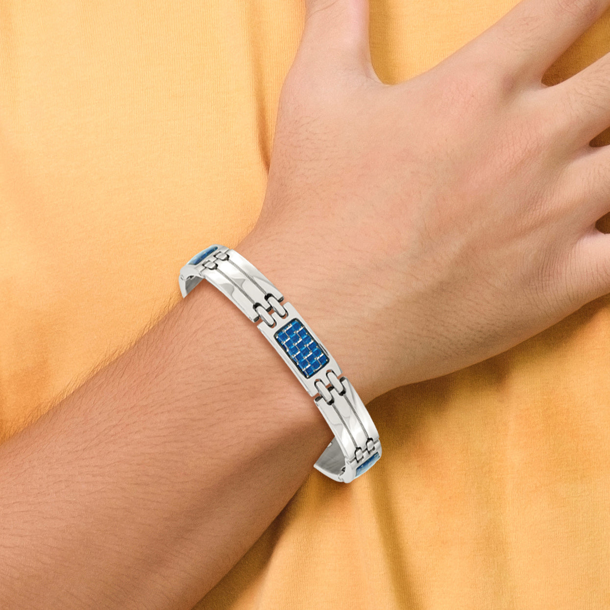 Stainless Steel Polished with Blue Carbon Fiber Inlay Link Bracelet for Men