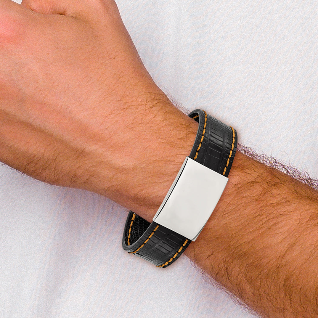 Stainless Steel Polished Black Leather/Orange Stitch ID Bracelet for Men