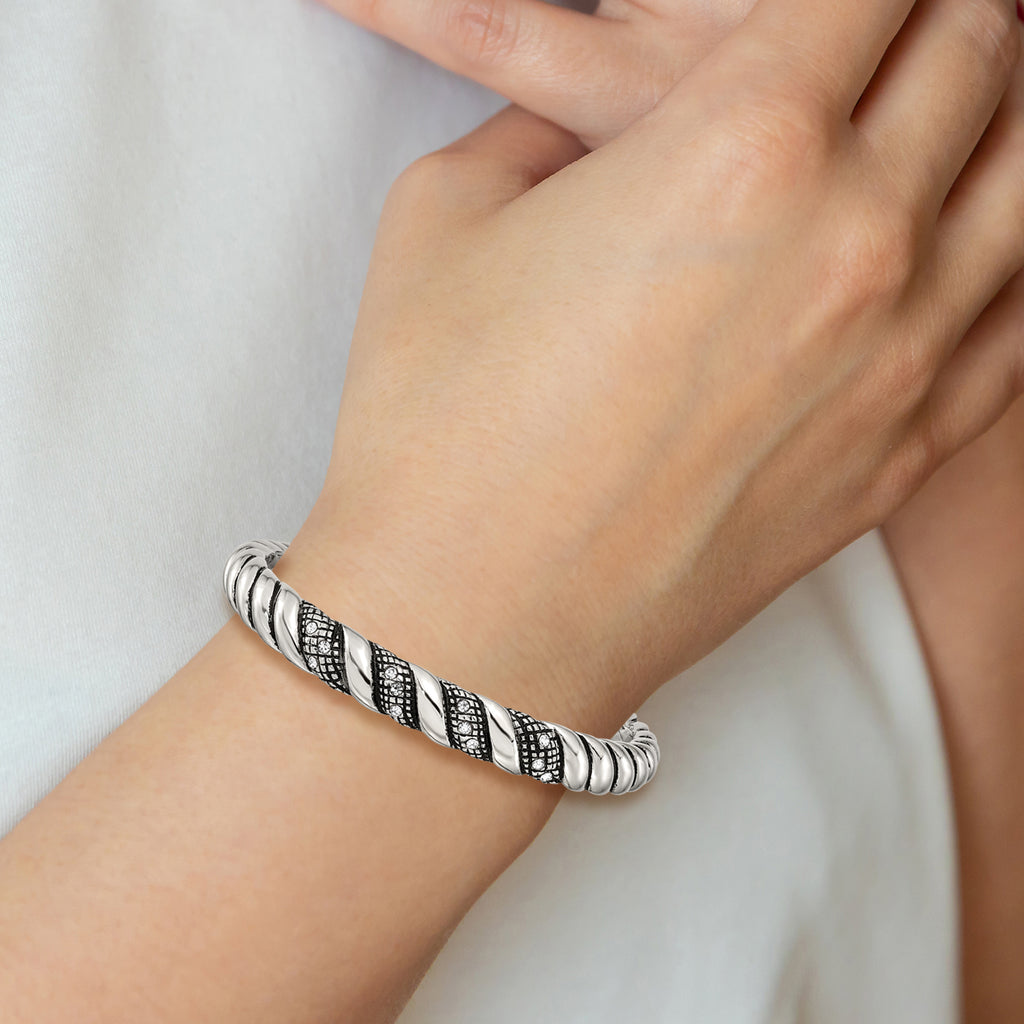 Stainless Steel Polished and Antiqued with Crystal Cuff Bangle Bracelet for Women