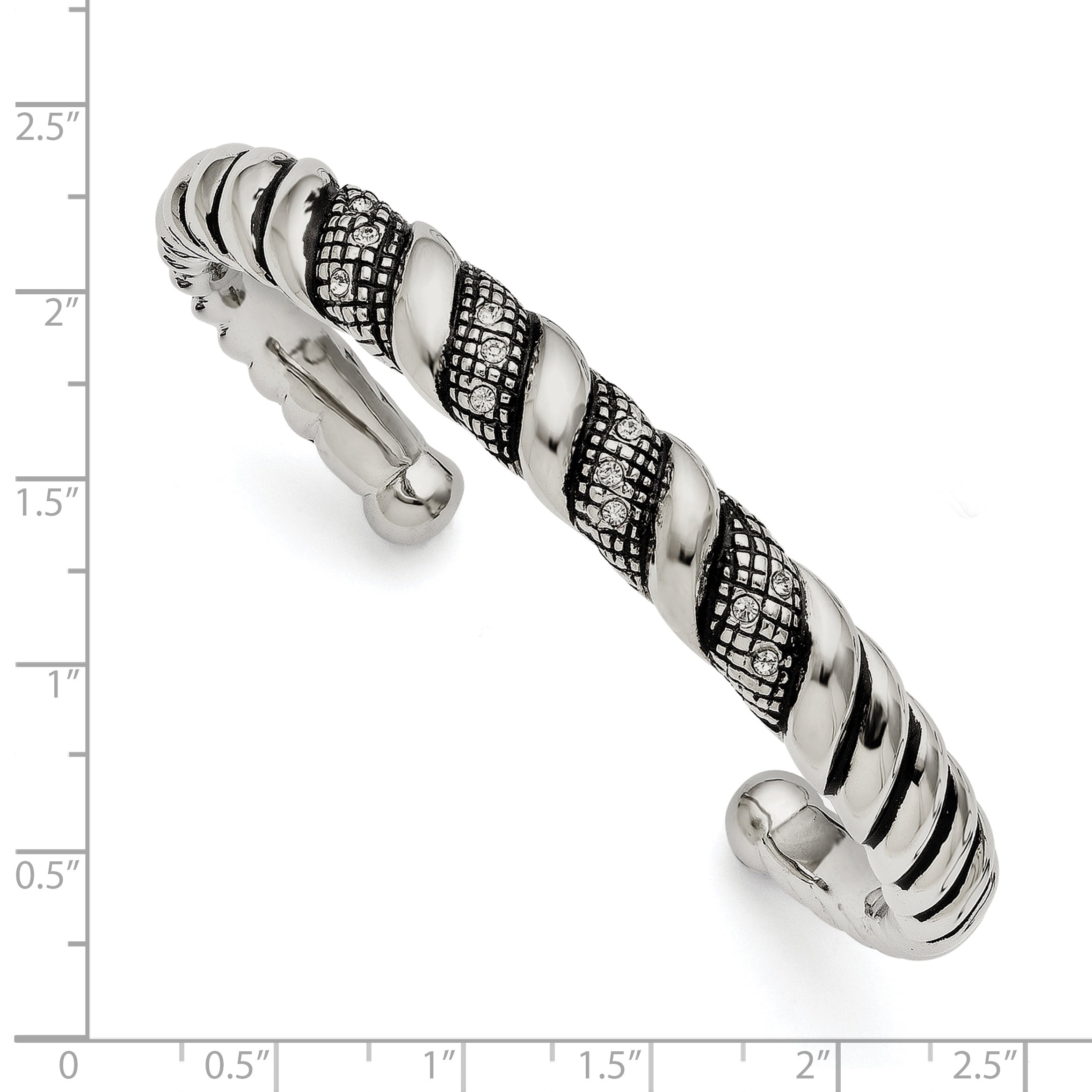 Stainless Steel Polished and Antiqued with Crystal Cuff Bangle Bracelet for Women