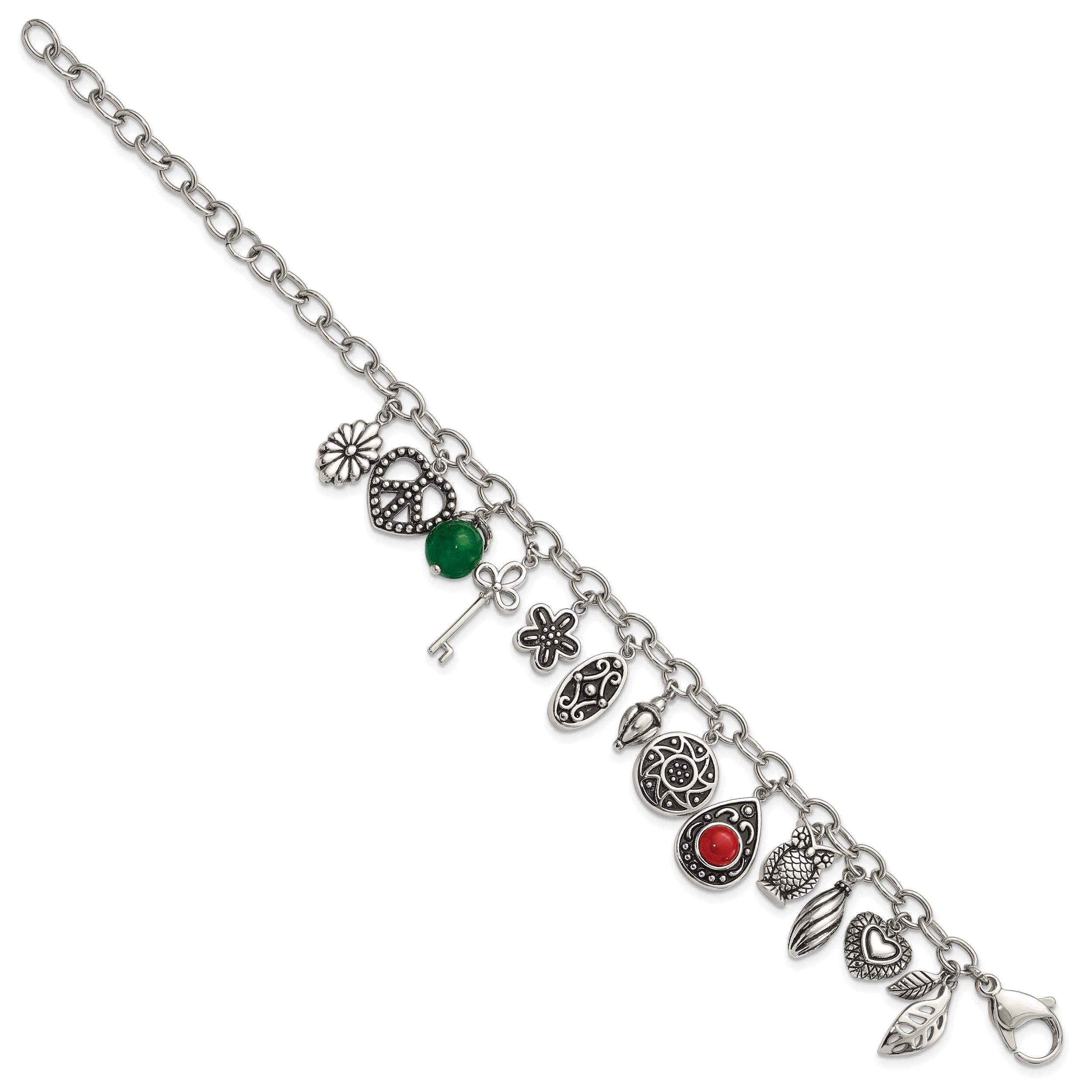 Stainless Steel Polished & Antiqued Synthetic Jade & Red Glass with ext. Charm Bracelet for Women Secondary image