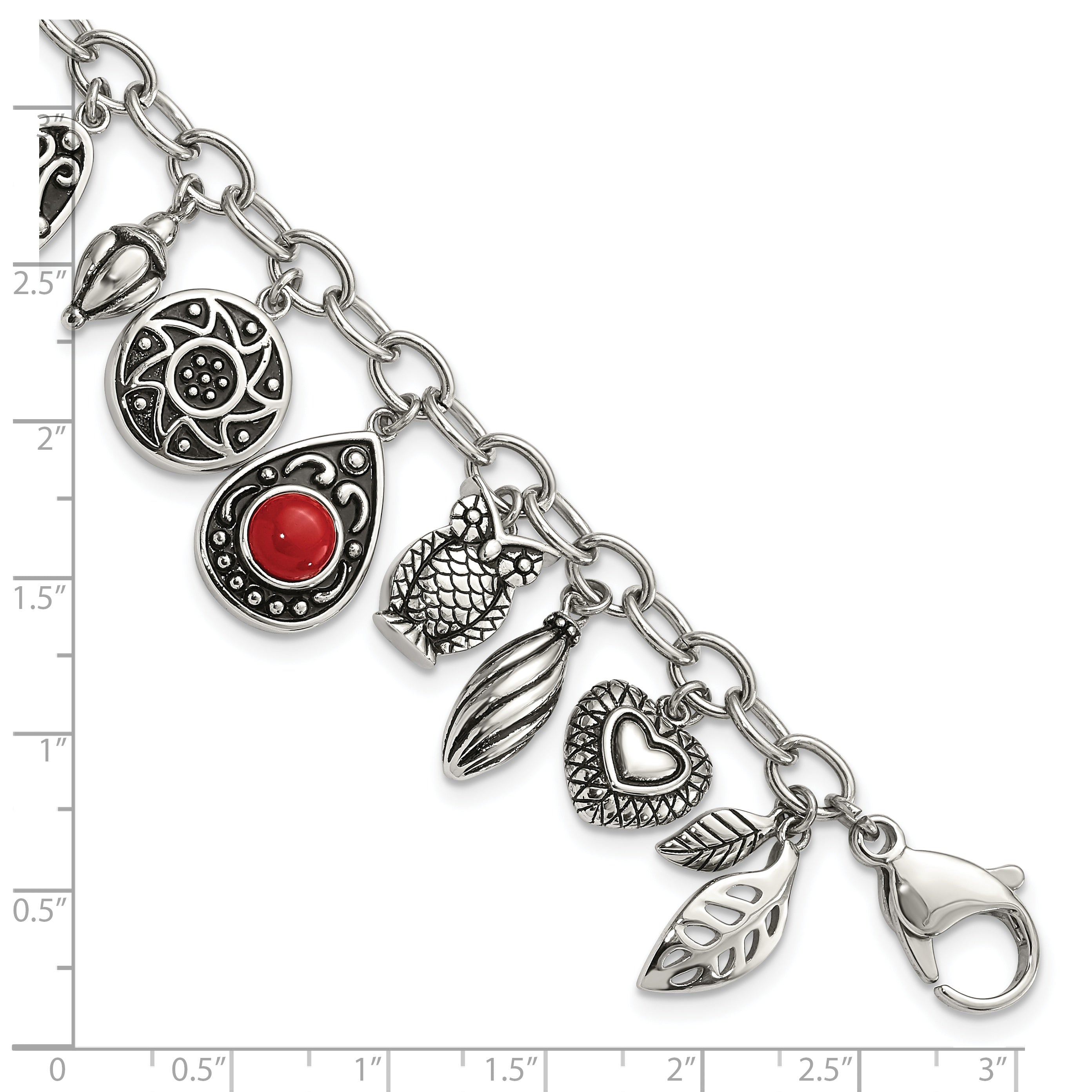 Stainless Steel Polished & Antiqued Synthetic Jade & Red Glass with ext. Charm Bracelet for Women