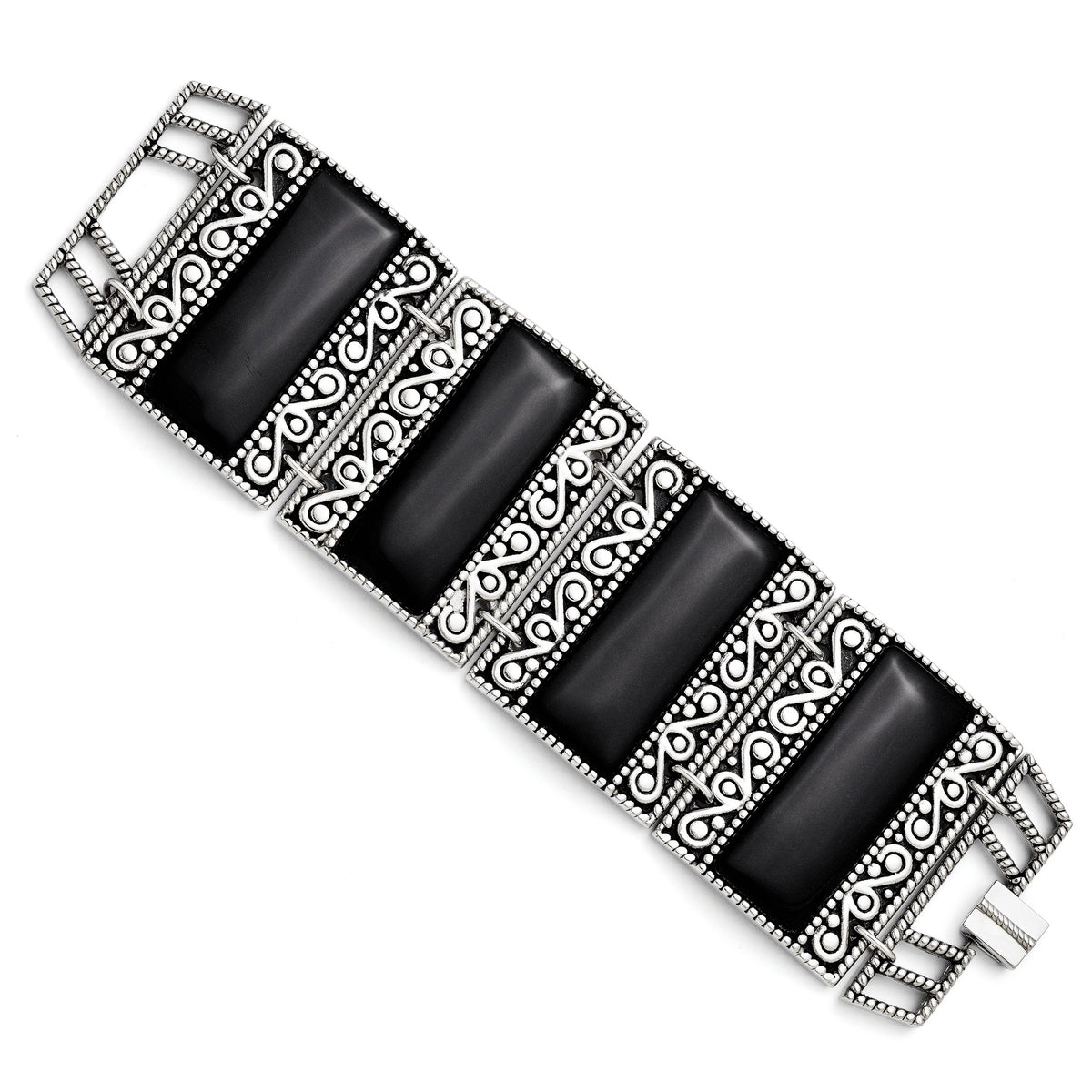 Black Onyx Antiqued Bracelet in Stainless Steel, 7.8" - Sophia Jewelers