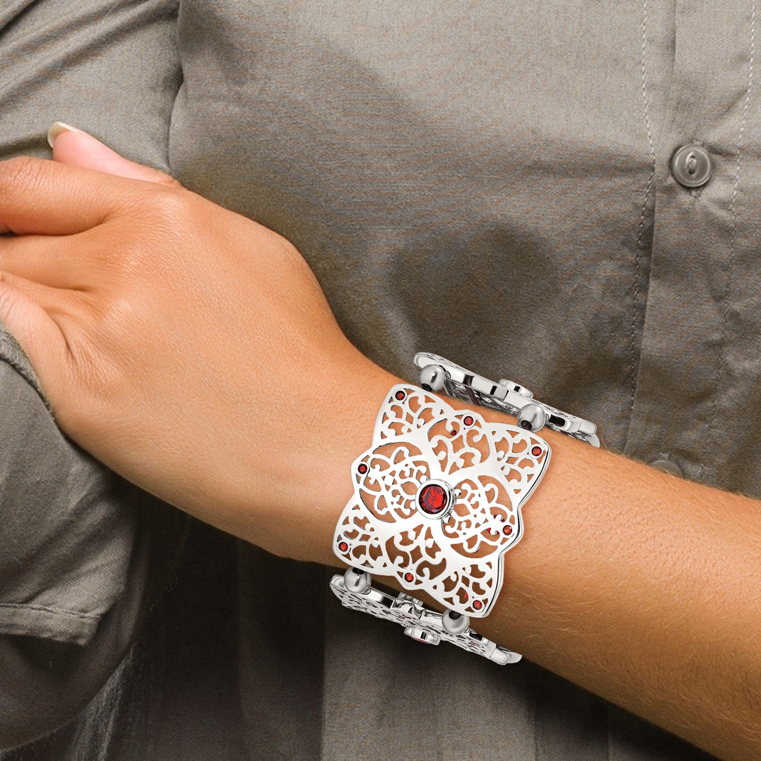 Stainless Steel Polished with Red Cubic Zirconia Stretch Bracelet for Women