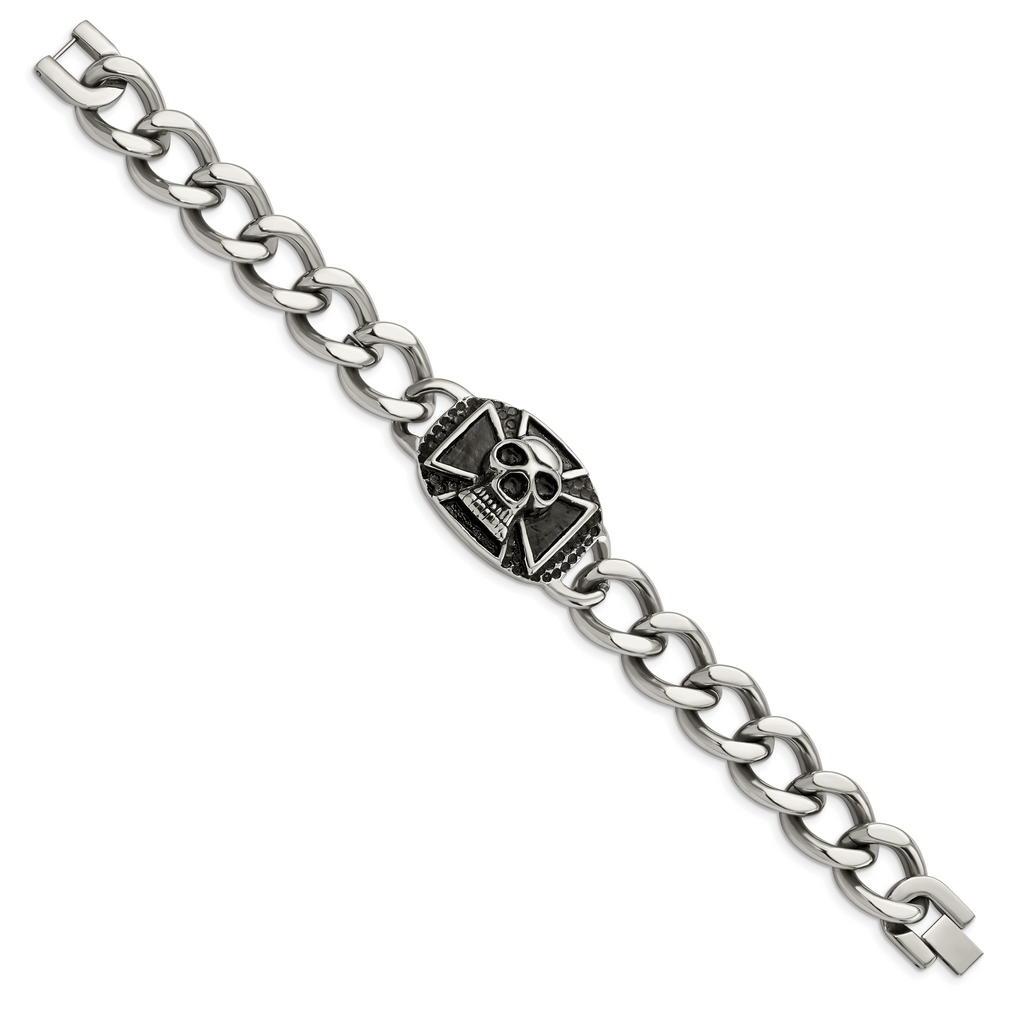 Stainless Steel Antiqued and Polished Skull Curb Bracelet for Men