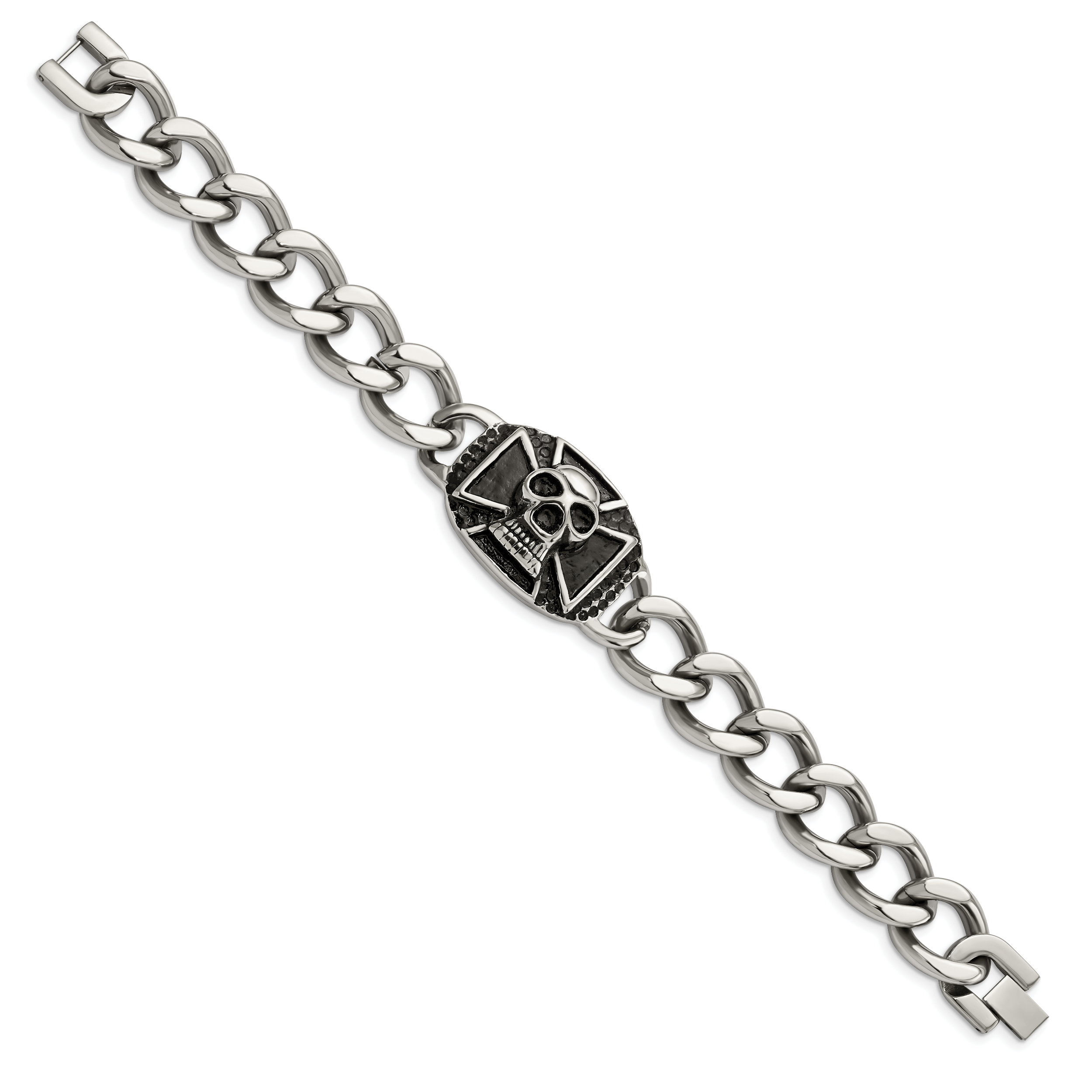 Stainless Steel Antiqued and Polished Skull Curb Bracelet for Men