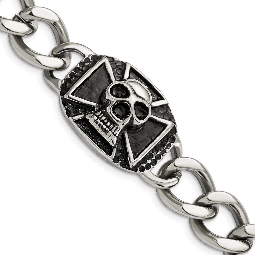 Stainless Steel Antiqued and Polished Skull Curb Bracelet for Men