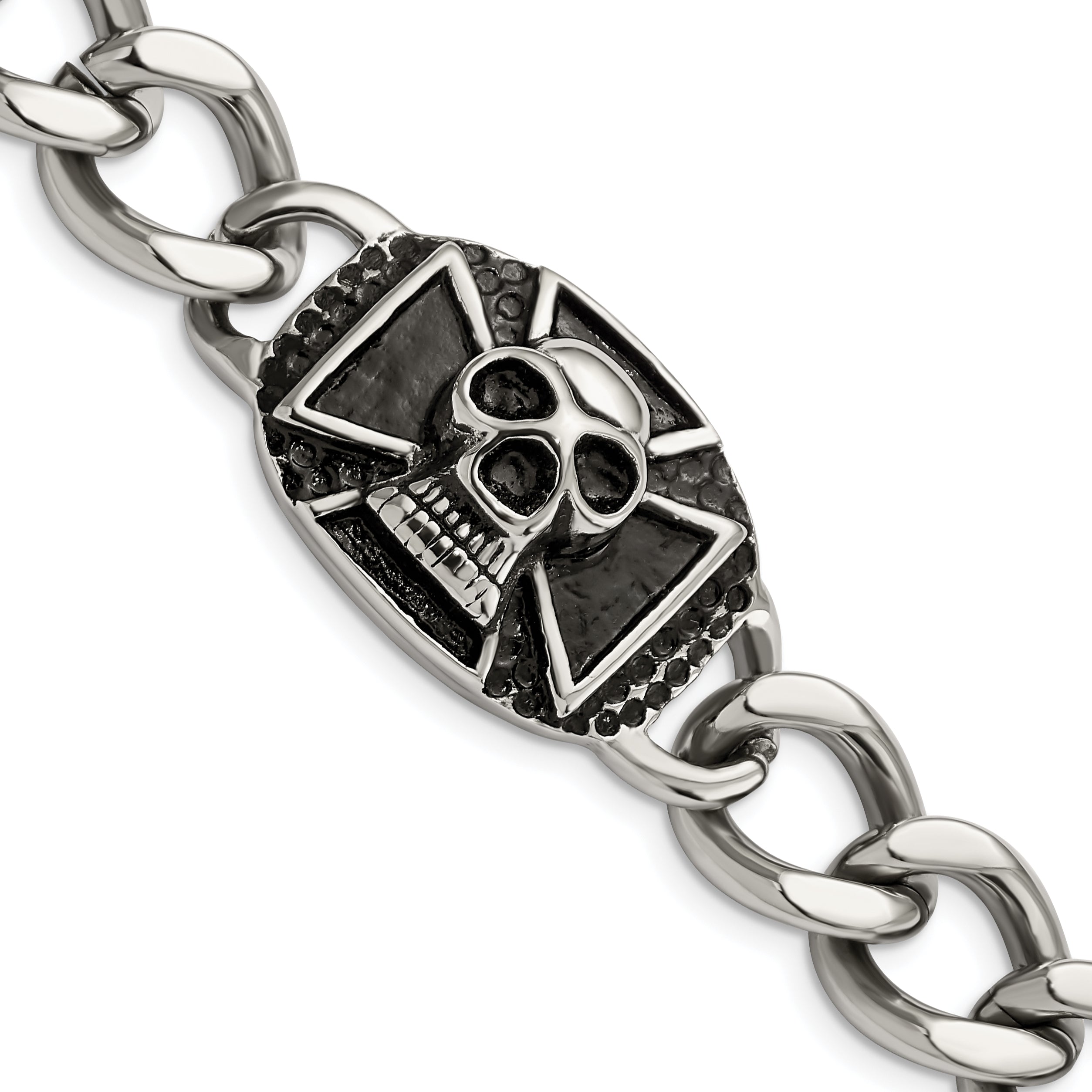 Stainless Steel Antiqued and Polished Skull Curb Bracelet for Men