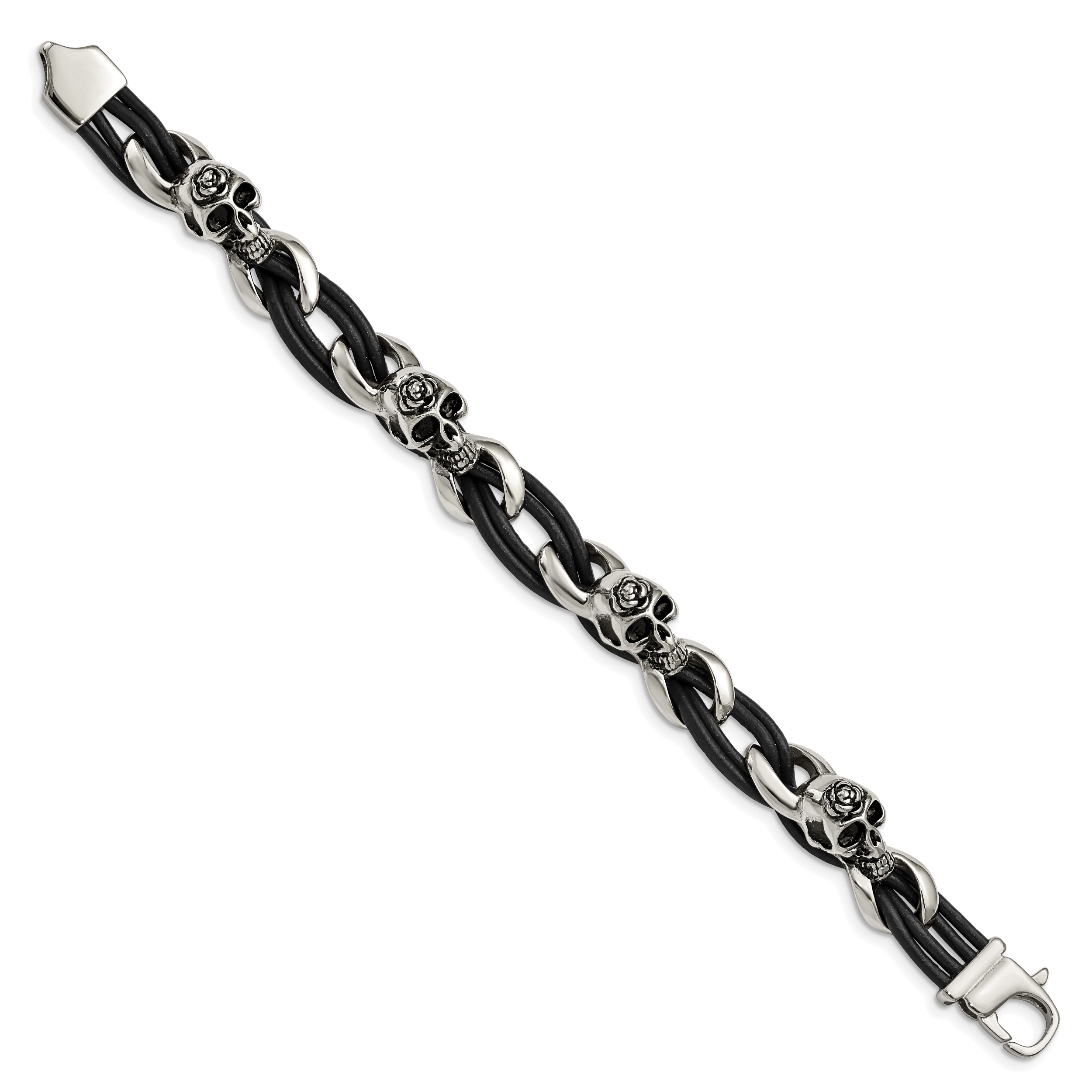 Stainless Steel Antiqued and Polished Skulls with Roses Black Leather Bracelet for Men Secondary image