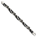 Stainless Steel Antiqued and Polished Skulls with Roses Black Leather Bracelet for Men