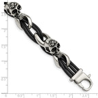 Stainless Steel Antiqued and Polished Skulls with Roses Black Leather Bracelet for Men