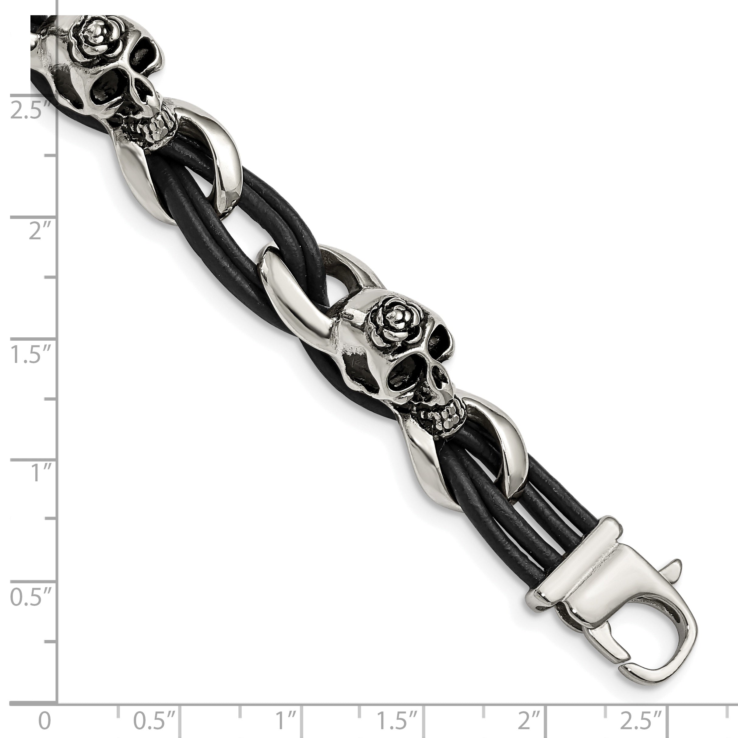 Stainless Steel Antiqued and Polished Skulls with Roses Black Leather Bracelet for Men