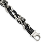 Stainless Steel Antiqued and Polished Skulls with Roses Black Leather Bracelet for Men