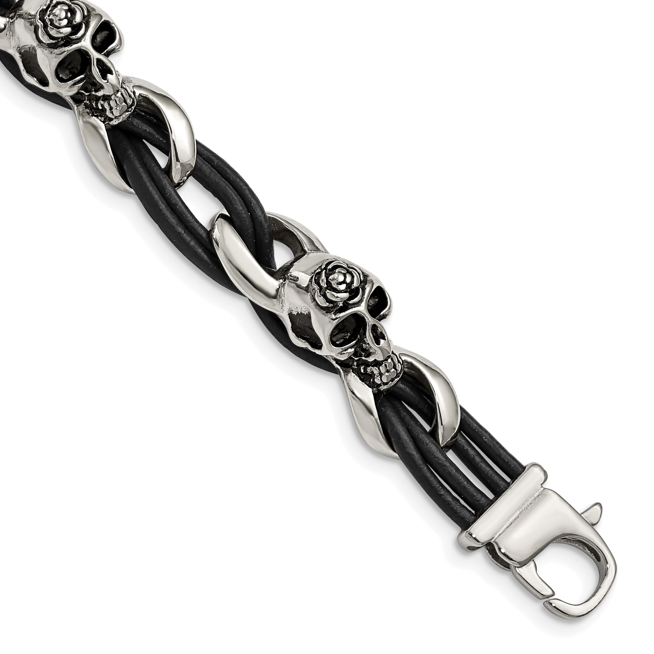 Stainless Steel Antiqued and Polished Skulls with Roses Black Leather Bracelet for Men