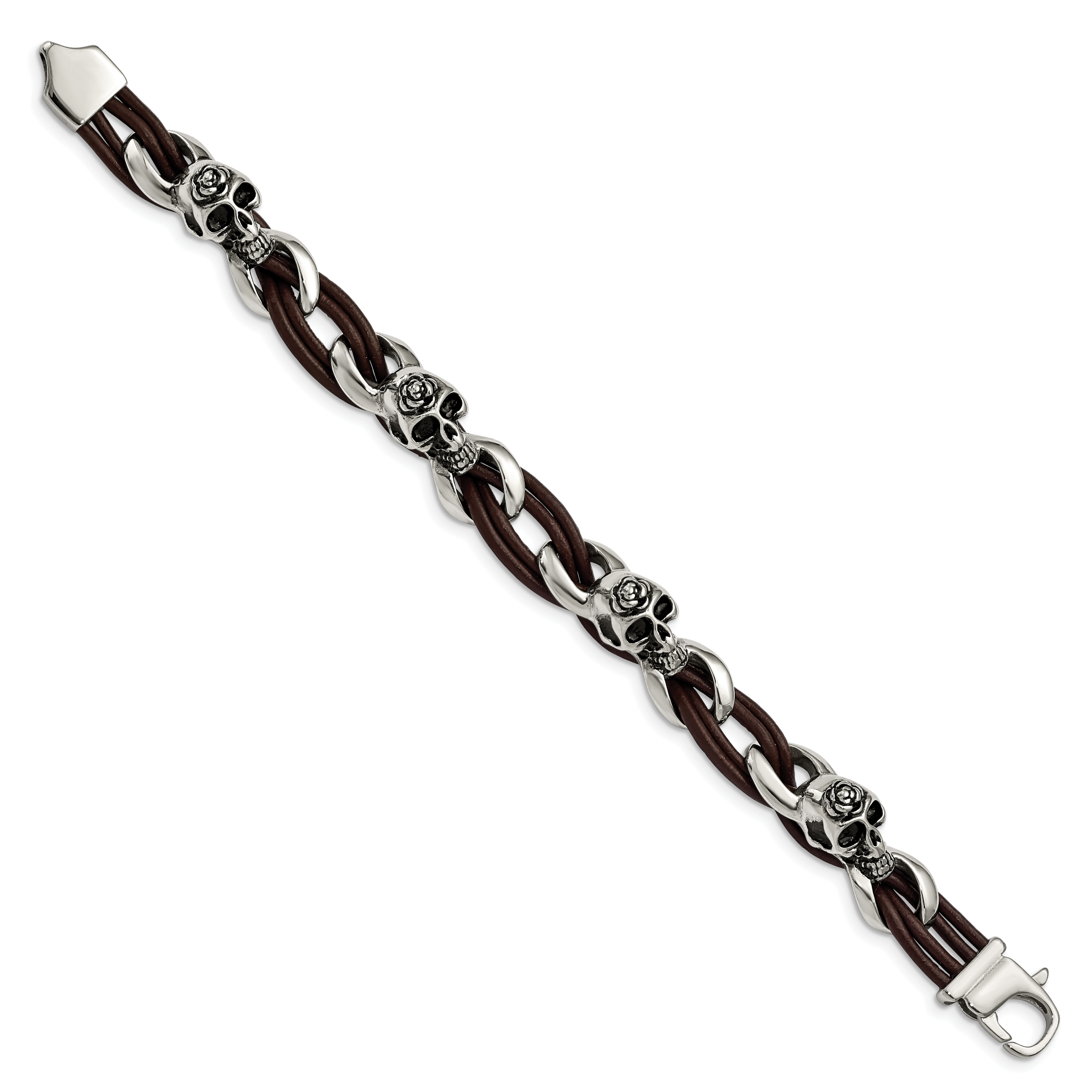 Stainless Steel Antiqued and Polished Skulls with Roses Brown Leather Bracelet for Men Secondary image