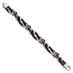 Stainless Steel Antiqued and Polished Skulls with Roses Brown Leather Bracelet for Men