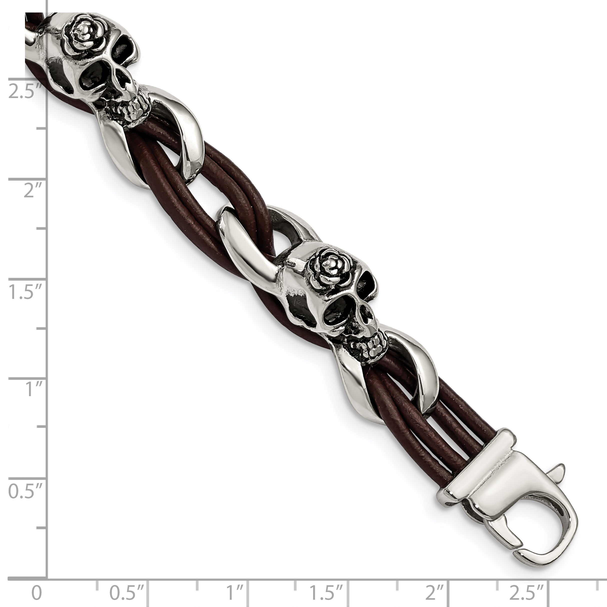 Stainless Steel Antiqued and Polished Skulls with Roses Brown Leather Bracelet for Men