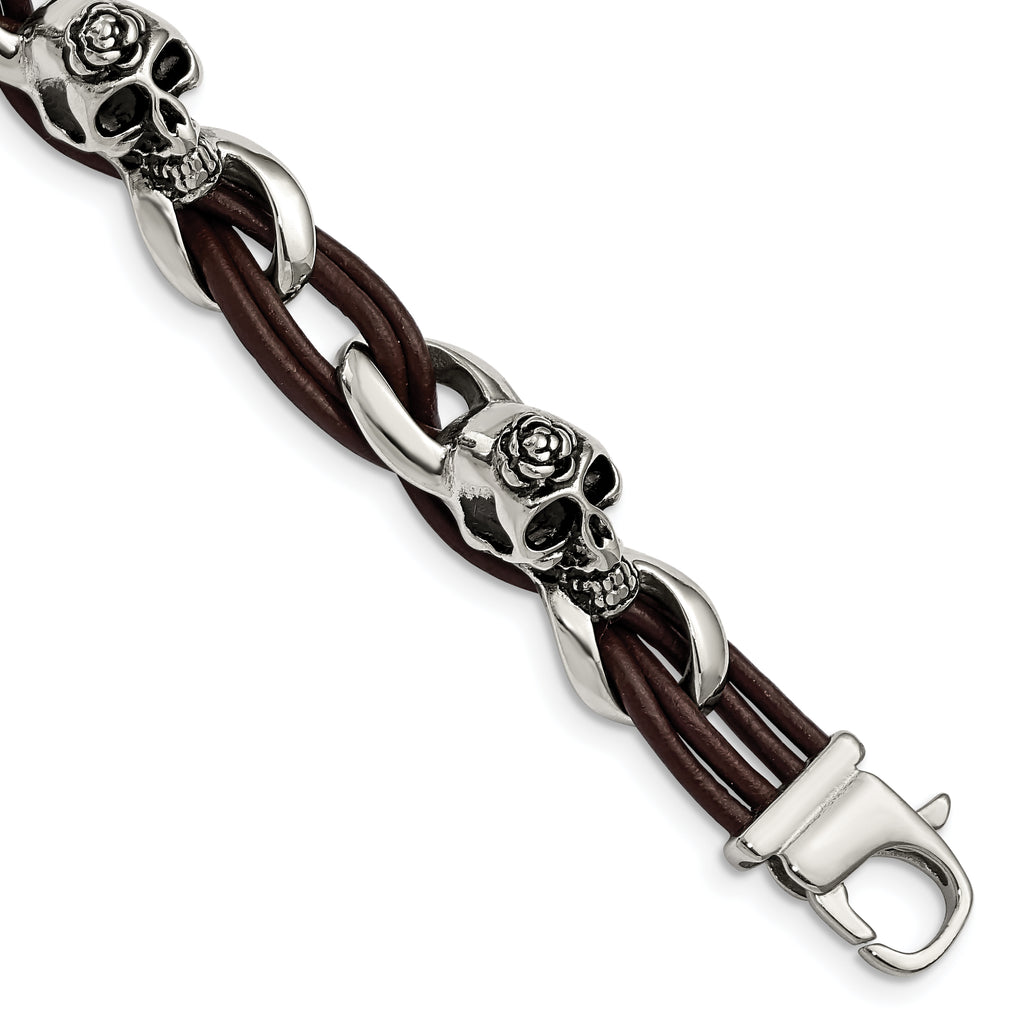 Stainless Steel Antiqued and Polished Skulls with Roses Brown Leather Bracelet for Men