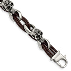 Stainless Steel Antiqued and Polished Skulls with Roses Brown Leather Bracelet for Men
