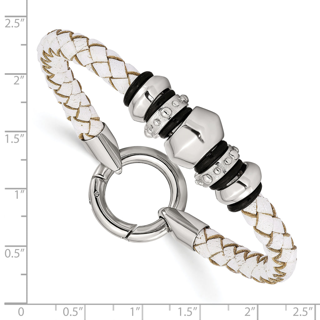 Stainless Steel Polished White Leather & Black Rubber Bracelet