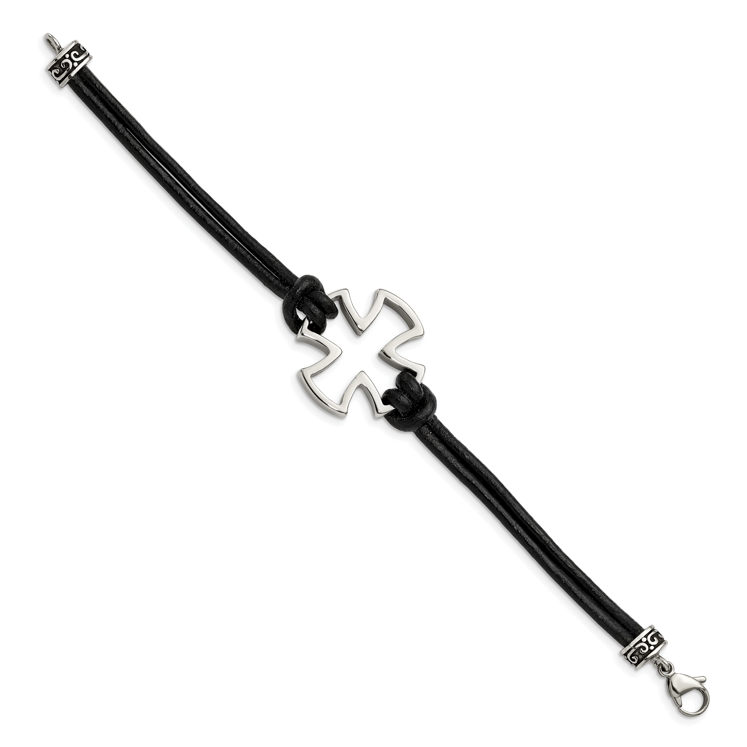 Stainless Steel Antiqued and Polished Cross Black Leather Bracelet for Men