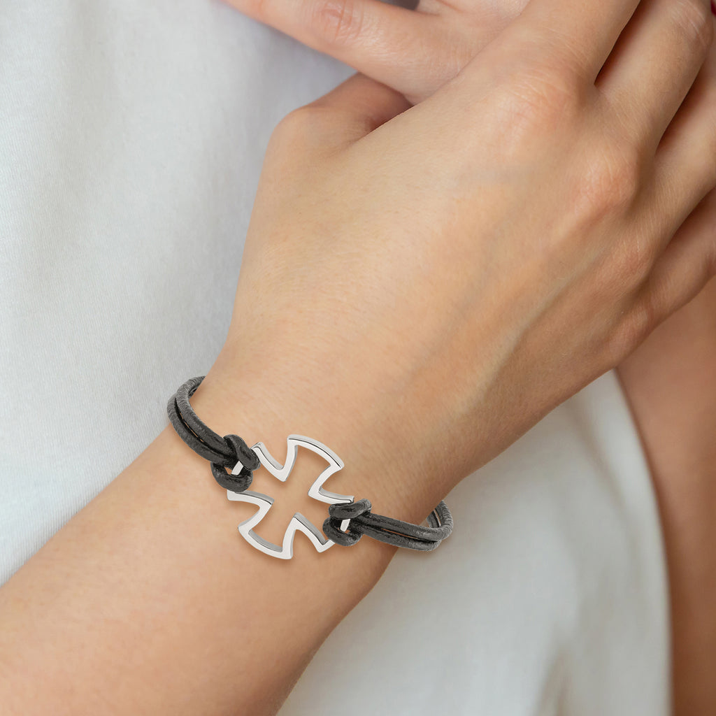 Stainless Steel Antiqued and Polished Cross Black Leather Bracelet for Men