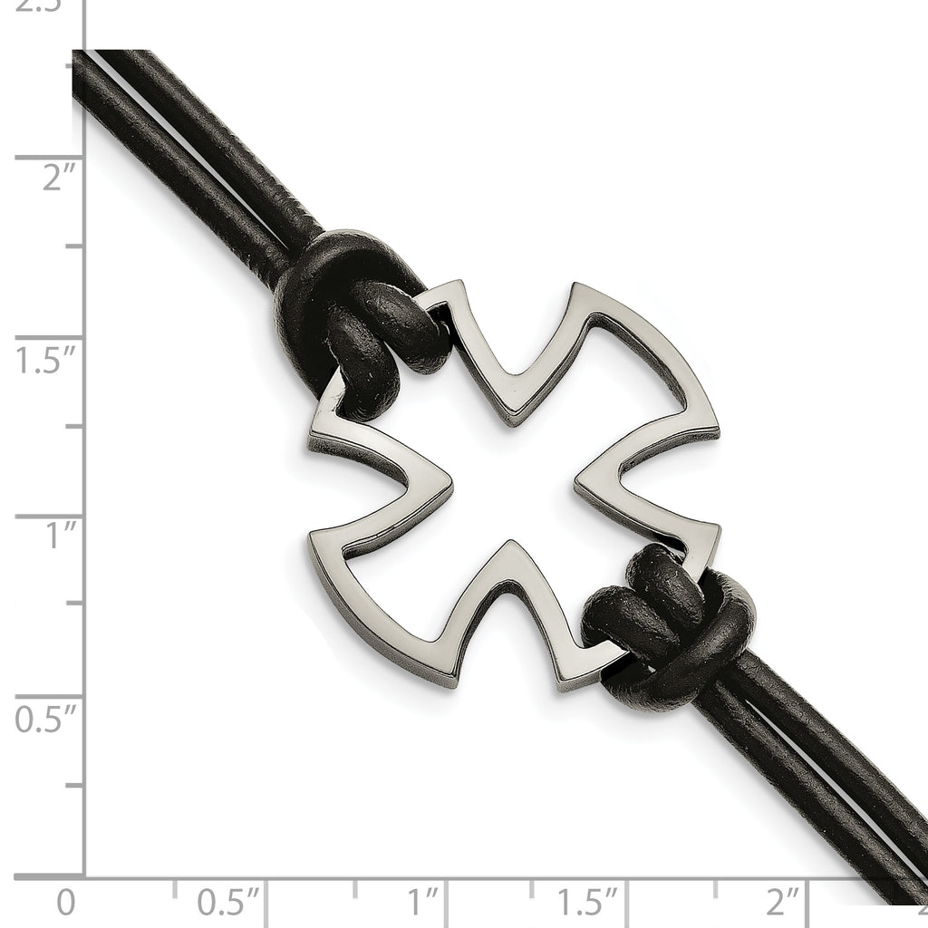 Stainless Steel Antiqued and Polished Cross Black Leather Bracelet for Men