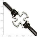 Stainless Steel Antiqued and Polished Cross Black Leather Bracelet for Men