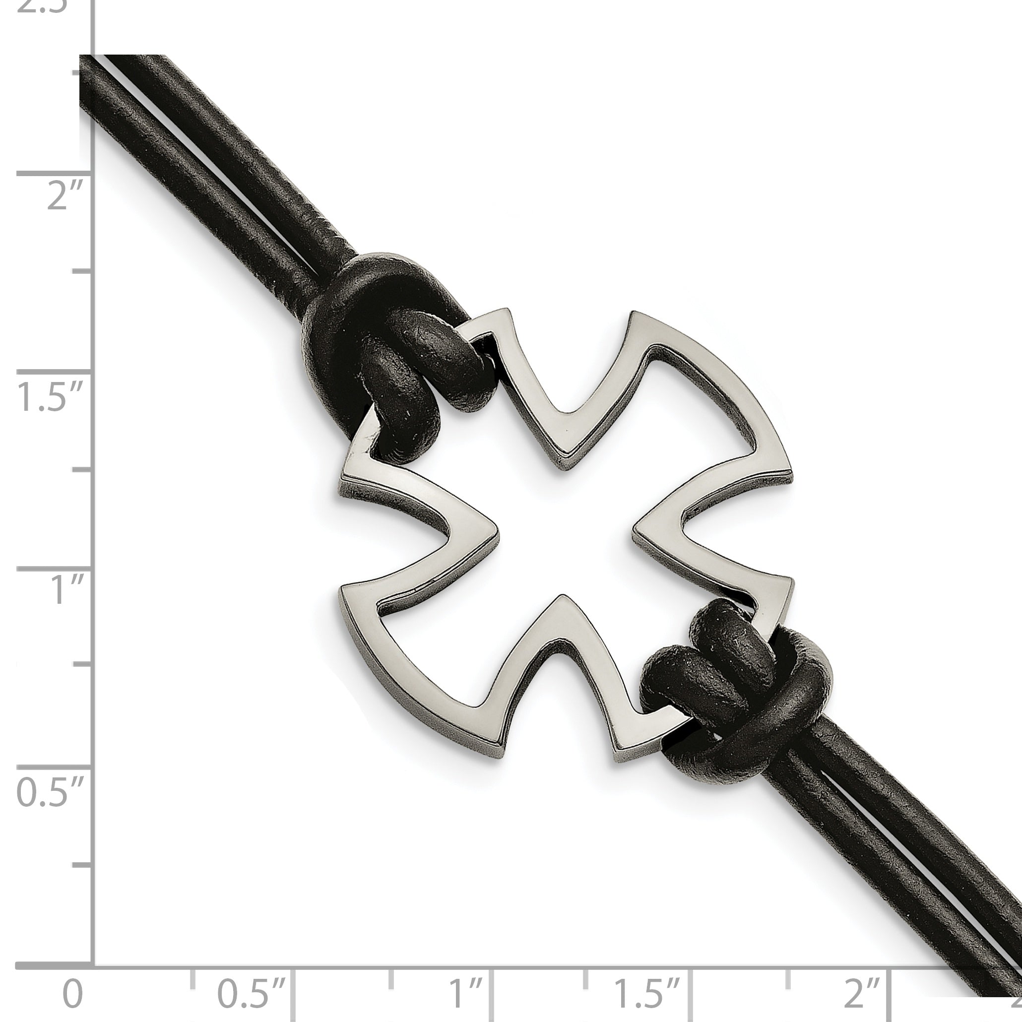 Stainless Steel Antiqued and Polished Cross Black Leather Bracelet for Men