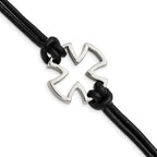 Stainless Steel Antiqued and Polished Cross Black Leather Bracelet for Men