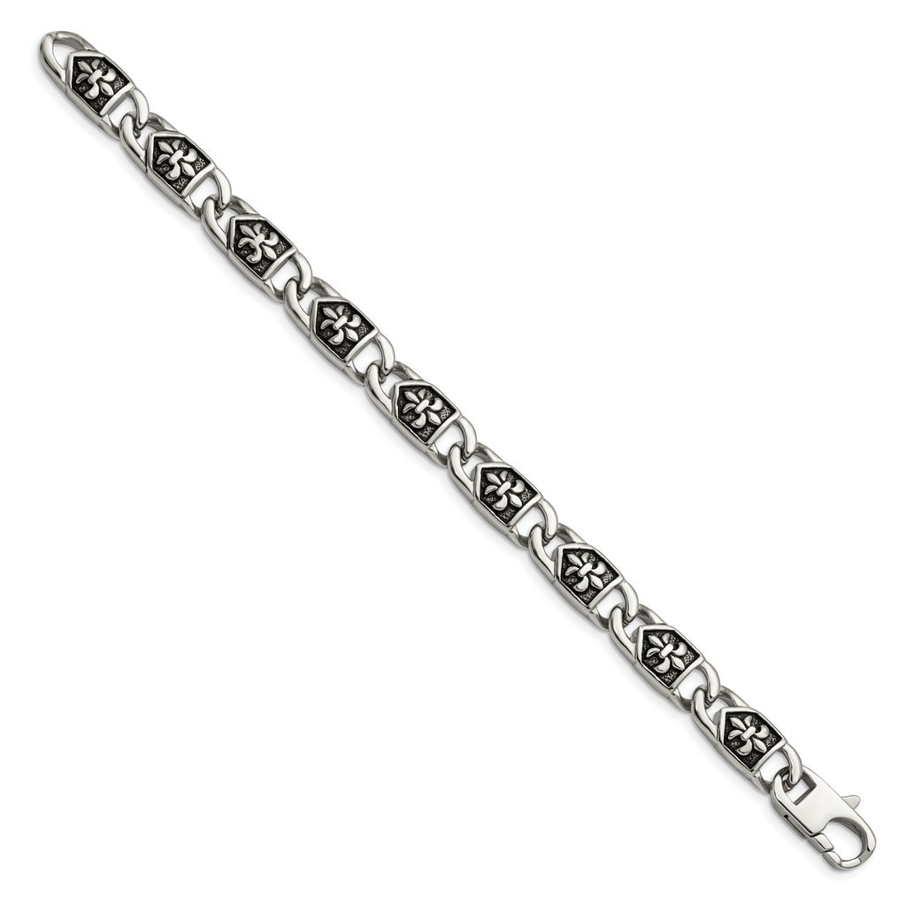 Stainless Steel Antiqued and Polished Fleur de Lis Link Bracelet for Men