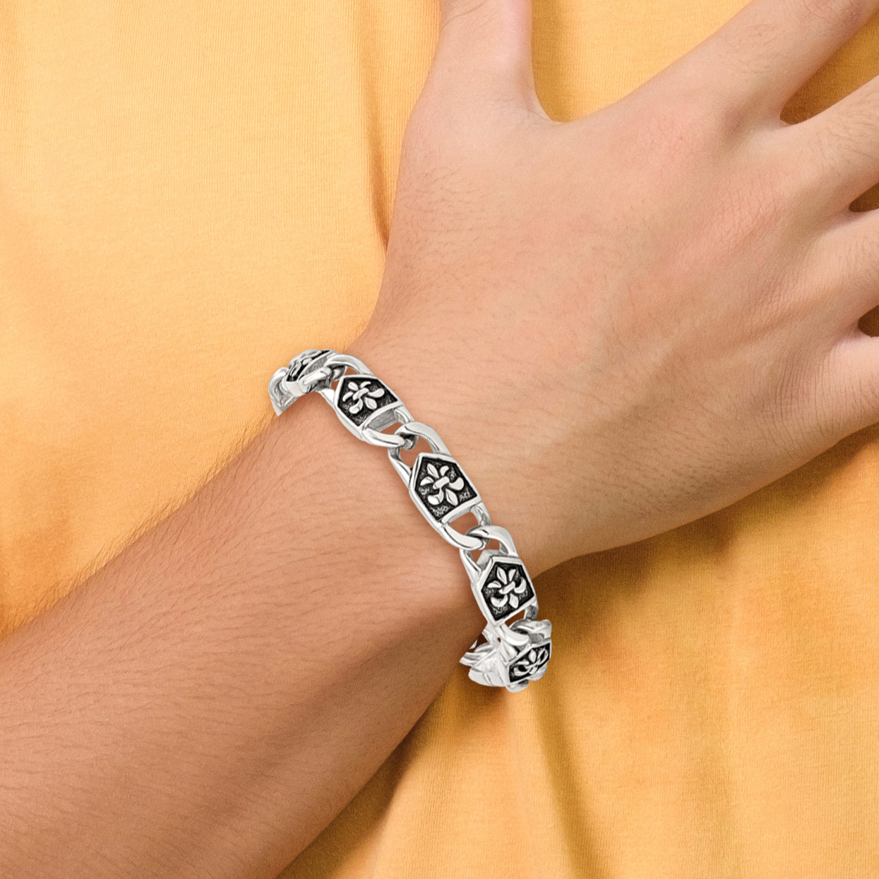 Stainless Steel Antiqued and Polished Fleur de Lis Link Bracelet for Men