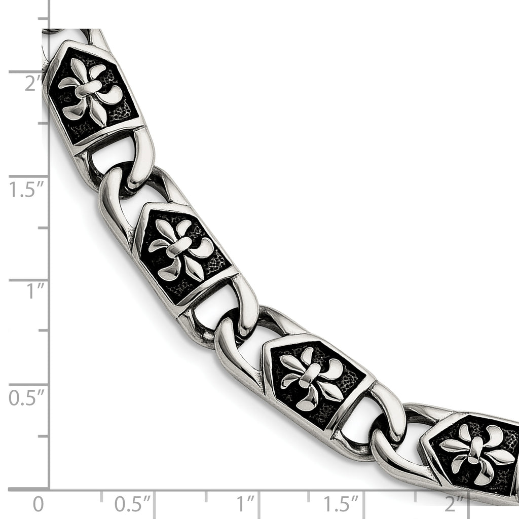 Stainless Steel Antiqued and Polished Fleur de Lis Link Bracelet for Men