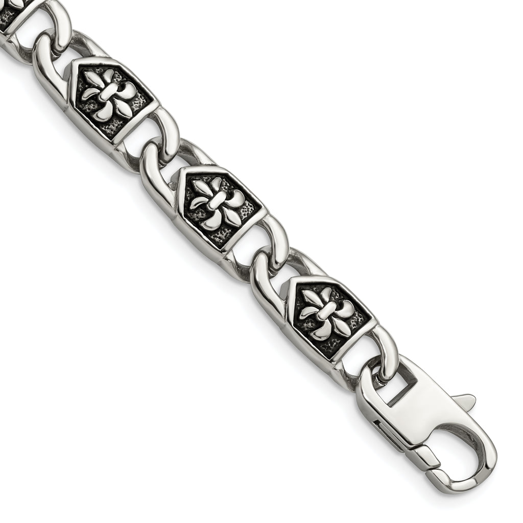 Stainless Steel Antiqued and Polished Fleur de Lis Link Bracelet for Men
