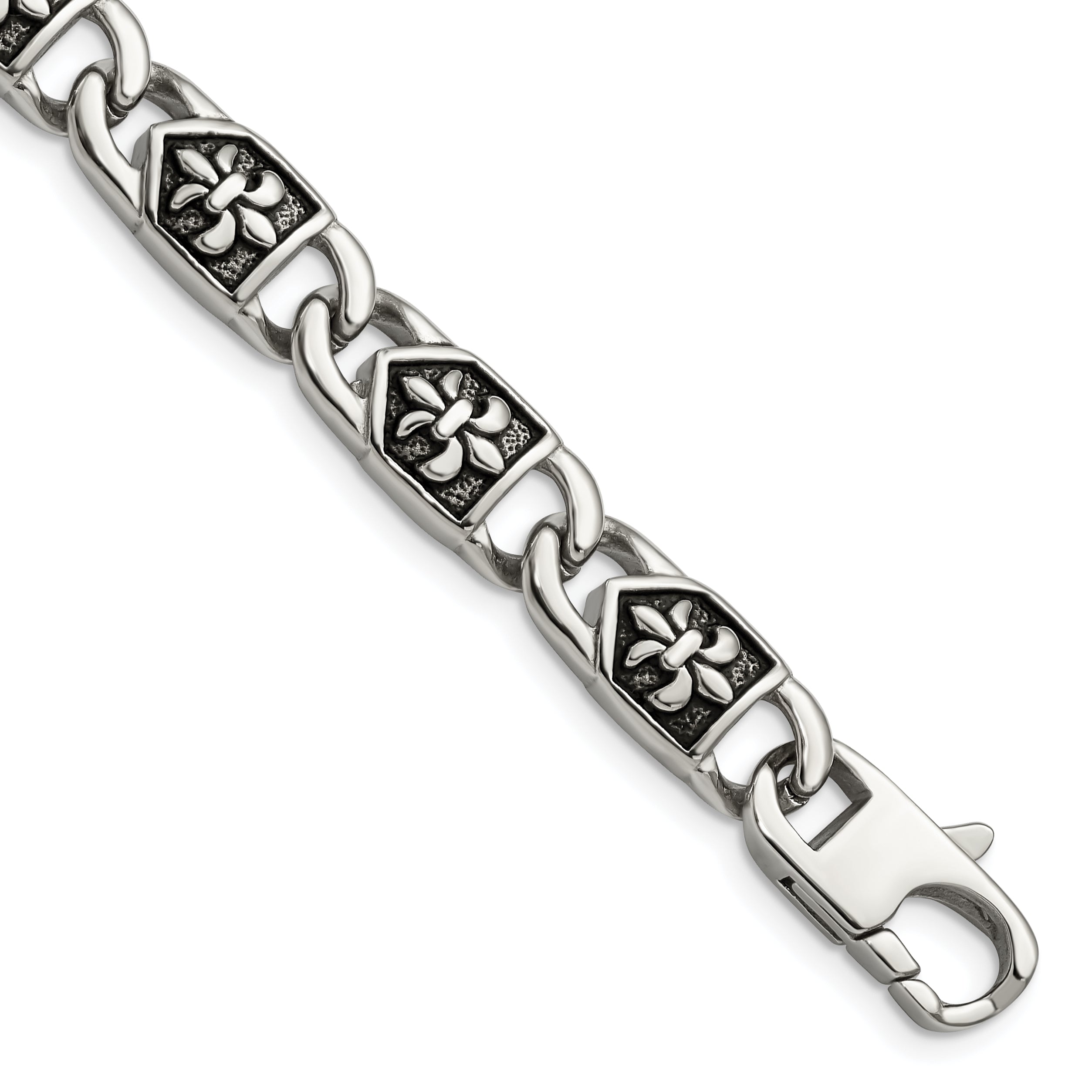 Stainless Steel Antiqued and Polished Fleur de Lis Link Bracelet for Men