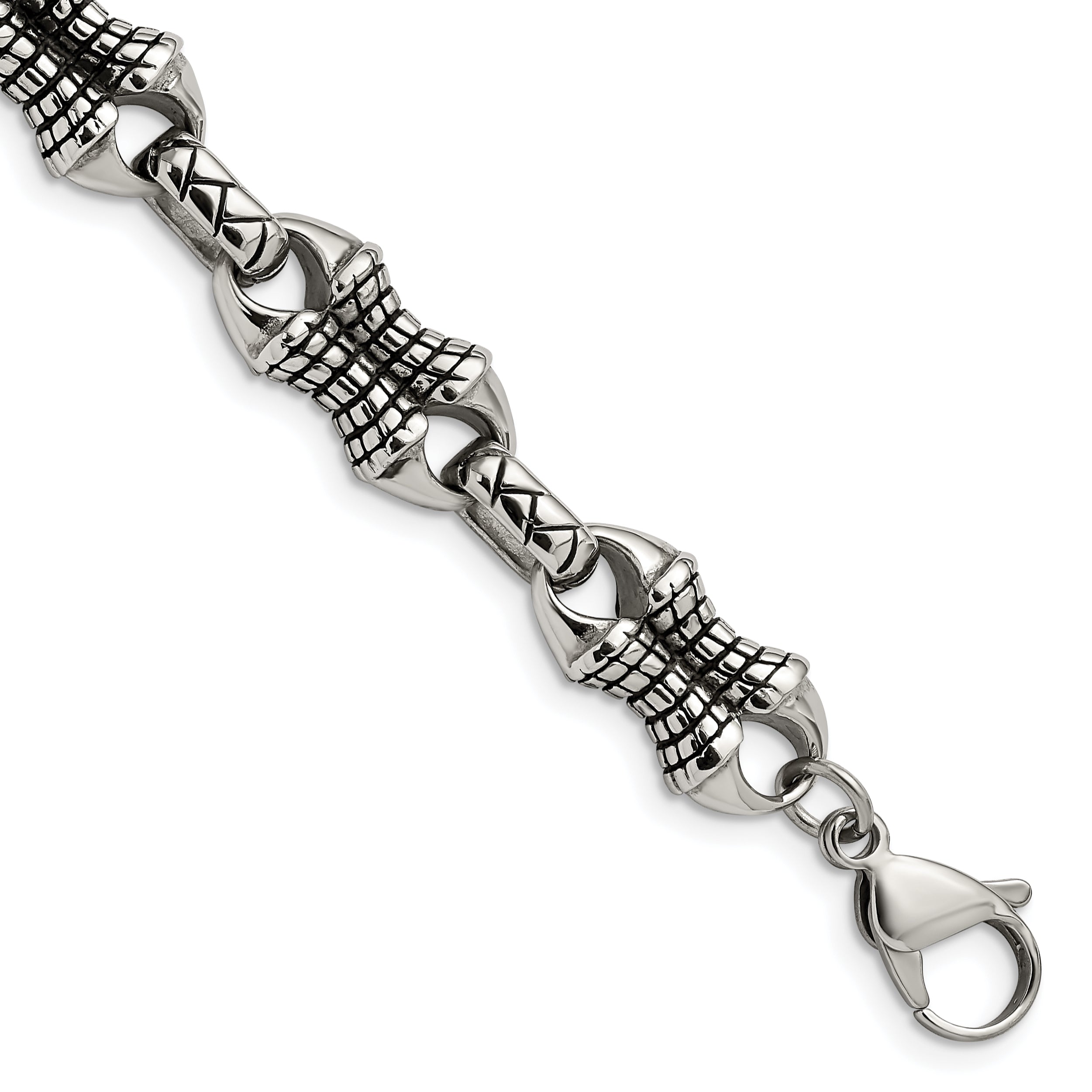 Stainless Steel Antiqued and Polished Patterned Link Bracelet for Men