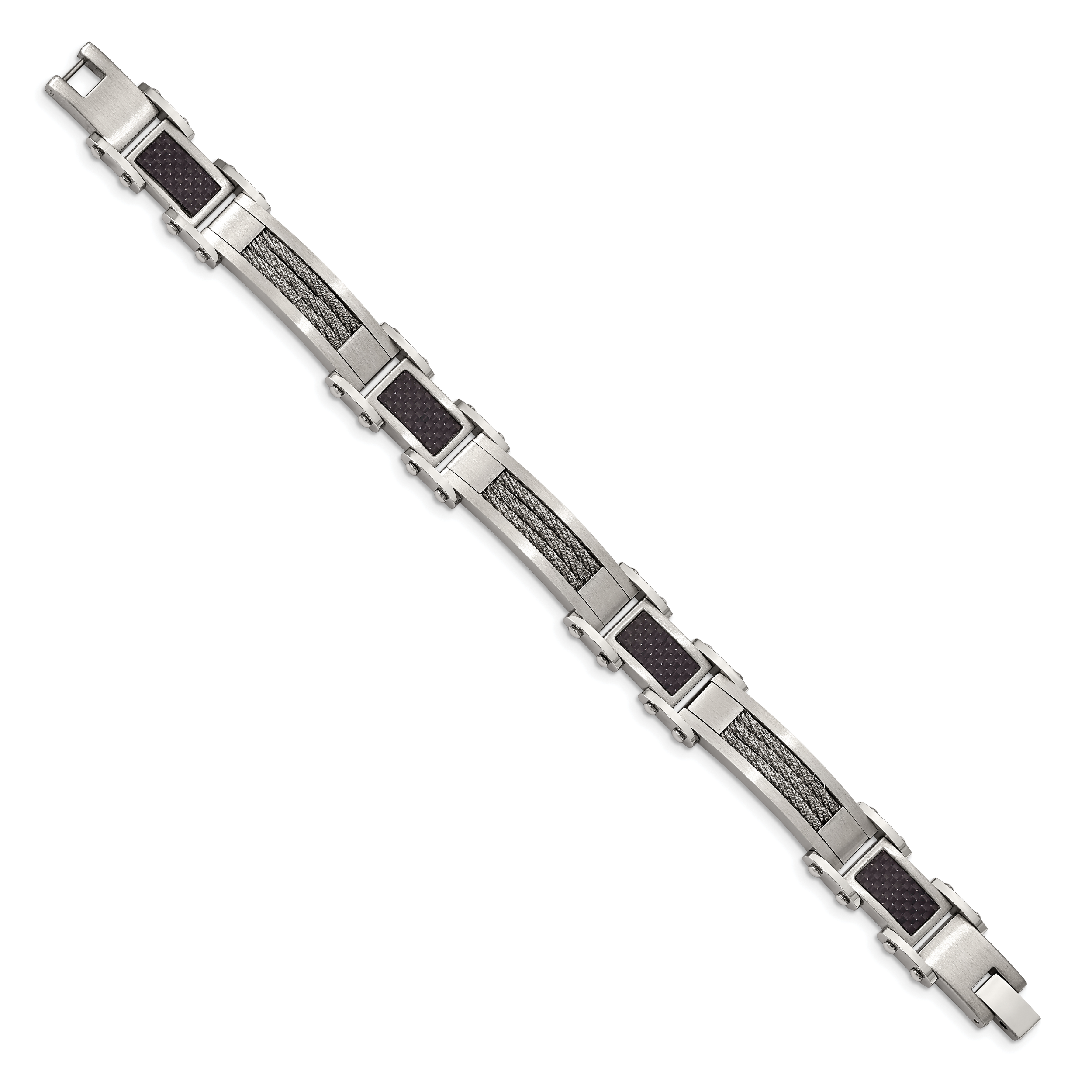 Stainless Steel Polished with Cable and Black Carbon Fiber Inlay Link Bracelet for Men