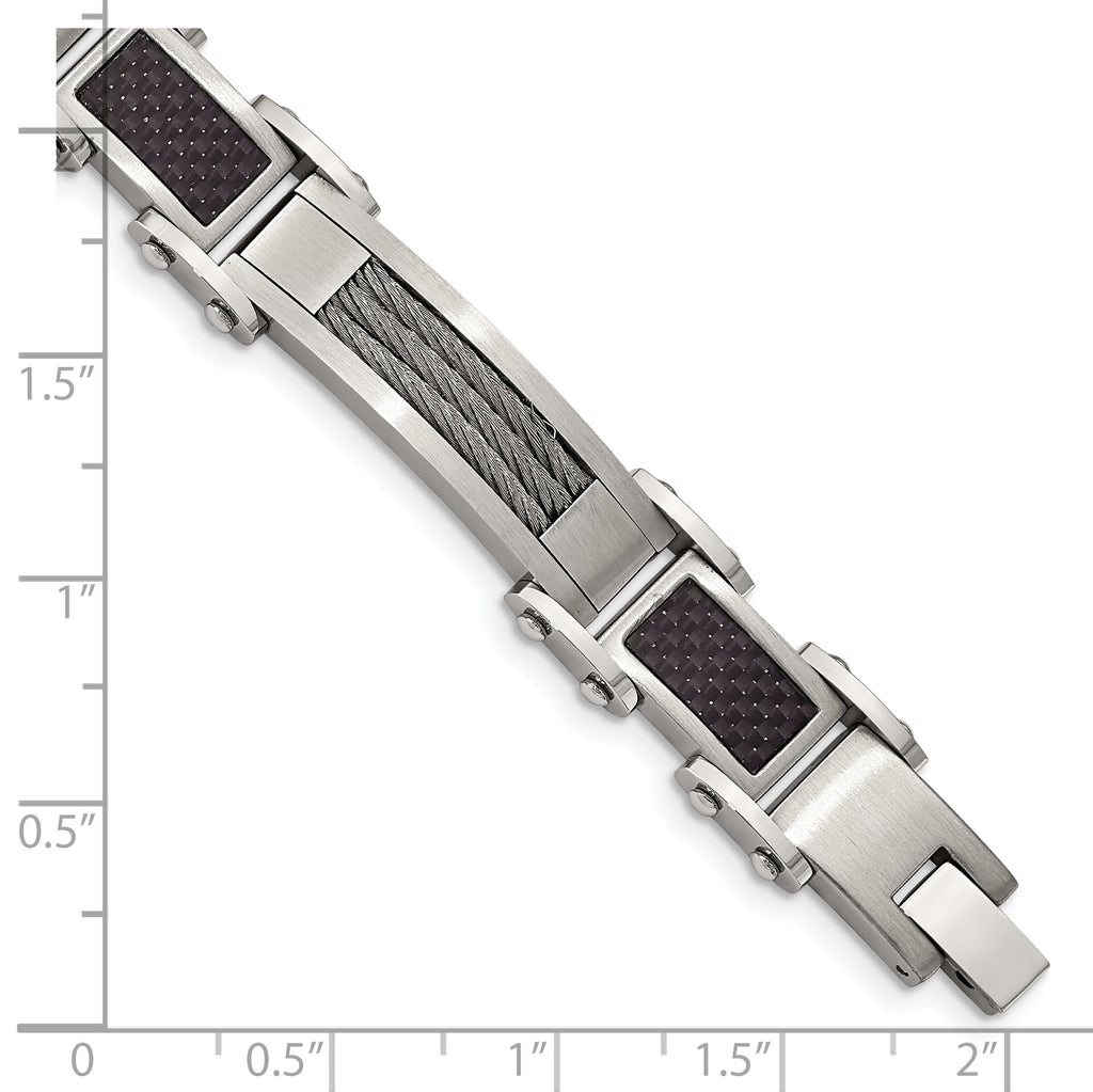 Stainless Steel Polished with Cable and Black Carbon Fiber Inlay Link Bracelet for Men
